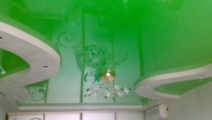 На фото: натяжной потолок зеленого цвета в зале